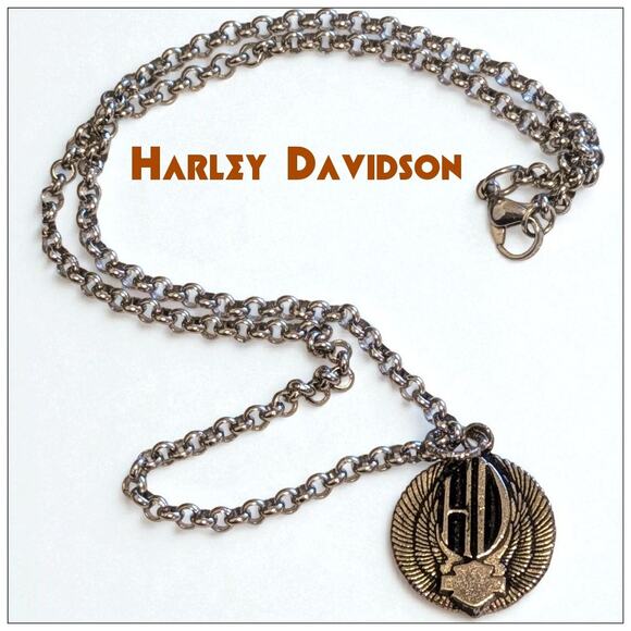 HARLEY DAVIDSON MOTORCYCLES Pendant Necklace HD Bar & Shield Wings  Rolo Chain - Picture 1 of 7